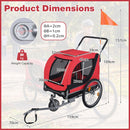 Product dimensions of the 2-in-1 red dog bike trailer with breathable mesh windows and a sturdy metal frame.