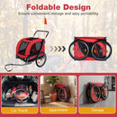 2-in-1 dog bike trailer in red, featuring a foldable design for easy storage and portability in a car trunk or garage.