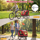 2-in-1 dog bike trailer in red, shown as a stroller, featuring breathable mesh windows and a removable front wheel.