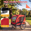 2-in-1 dog bike trailer in red with breathable mesh windows and powder-coated metal frame for durability and safety.