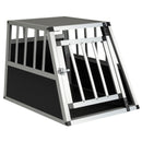 Travel dog crate with lockable door, made of chew-proof aluminum, designed for secure pet transport in vehicles.