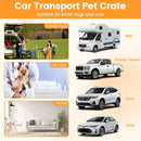 Travel dog crate with trapezoidal design, aluminum frame, and lockable door for secure transport in SUVs and trucks.