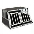 Aluminum dog transport box with dual lockable doors and removable divider for safe travel with 1 or 2 dogs.