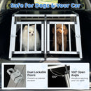 Travel dog crate with dual lockable doors, aluminum frame, and removable divider for safe pet transport in cars.
