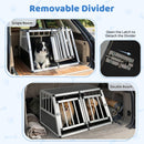 Travel dog crate with removable divider, featuring a sturdy aluminum frame and dual lockable doors for secure transport.