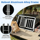 Travel dog crate with robust aluminum frame, lockable doors, and removable divider for safe pet transport in vehicles.