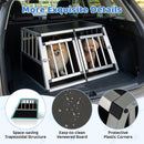 Travel dog crate with lockable doors, aluminum frame, and removable divider for 2 dogs, designed for secure car.