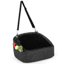 Black dog car seat for small to medium pets with adjustable strap and side storage pockets for travel convenience.