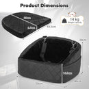 Dog car seat for small and medium pets in black, featuring adjustable safety strap and side storage pockets for travel.