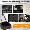 Dog car seat for small to medium pets in black, featuring adjustable straps and side storage pockets for travel.