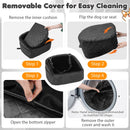 Dog car seat for small and medium pets in black, featuring removable cover for easy cleaning and side storage pockets.