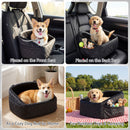 Dog car seat for small and medium pets in black, shown in a vehicle, ideal for travel and transforms into a cozy dog.