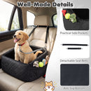 Dog car seat for small and medium pets in black, featuring soft fabric, safety straps, and side pockets for storage.