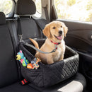 Black dog car booster seat for small to medium pets, designed with a built-in safety leash and adjustable headrest.