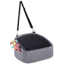 Dog car seat for small and medium pets in grey, featuring adjustable safety strap and side storage pockets for travel.