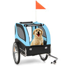 Folding pet bike trailer in blue with mesh windows, zippered doors, and safety flag, perfect for small to medium pets.