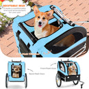 Folding pet bike trailer in blue with wide-open top, 3 zippered doors, and 2 mesh windows for small to medium pets.