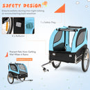 Folding pet bike trailer in blue with 3 zippered doors, 8 reflectors, and protective cover for safe pet transport.