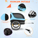 Folding pet bike trailer in blue with durable oxford fabric, zippered doors, and reflectors for safe pet travel.