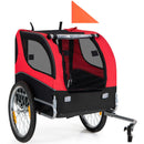 Folding pet bike trailer in red with 3 zippered doors, 2 mesh windows, and safety flag for small to medium pets.