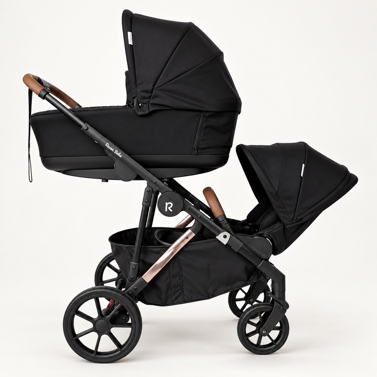 VEVO double configuration with bassinet above and parent-facing seat below — Black