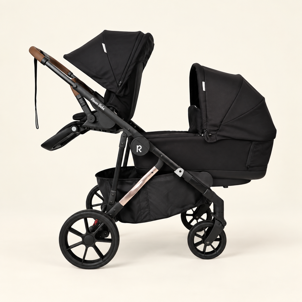 VEVO double configuration with parent-facing seat above and bassinet below — Black