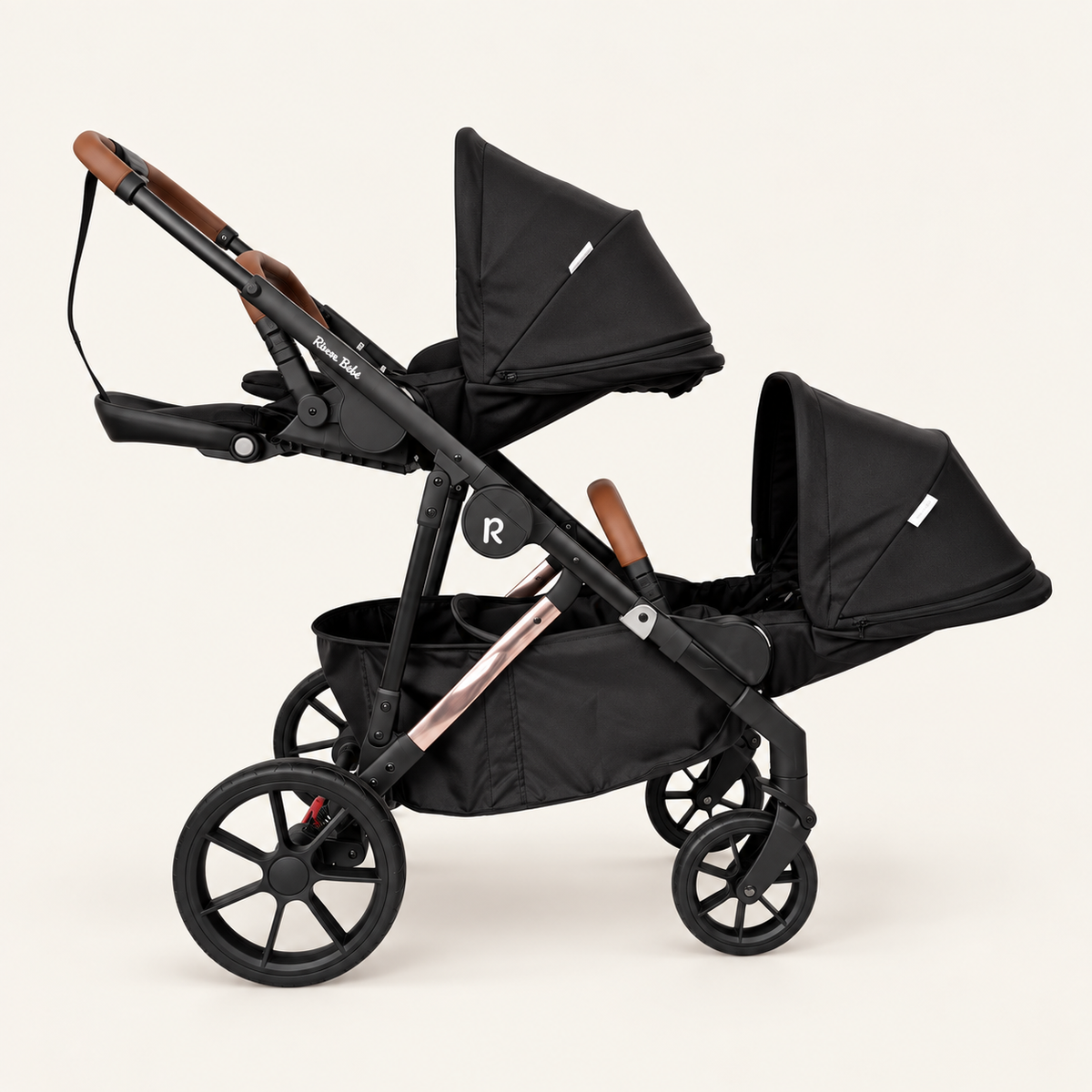 VEVO two parent-facing seats with backrests reclined and footrests raised — Black
