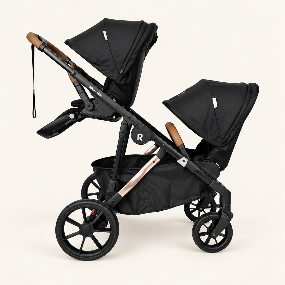 VEVO double pram with two seats both facing the parent — Black
