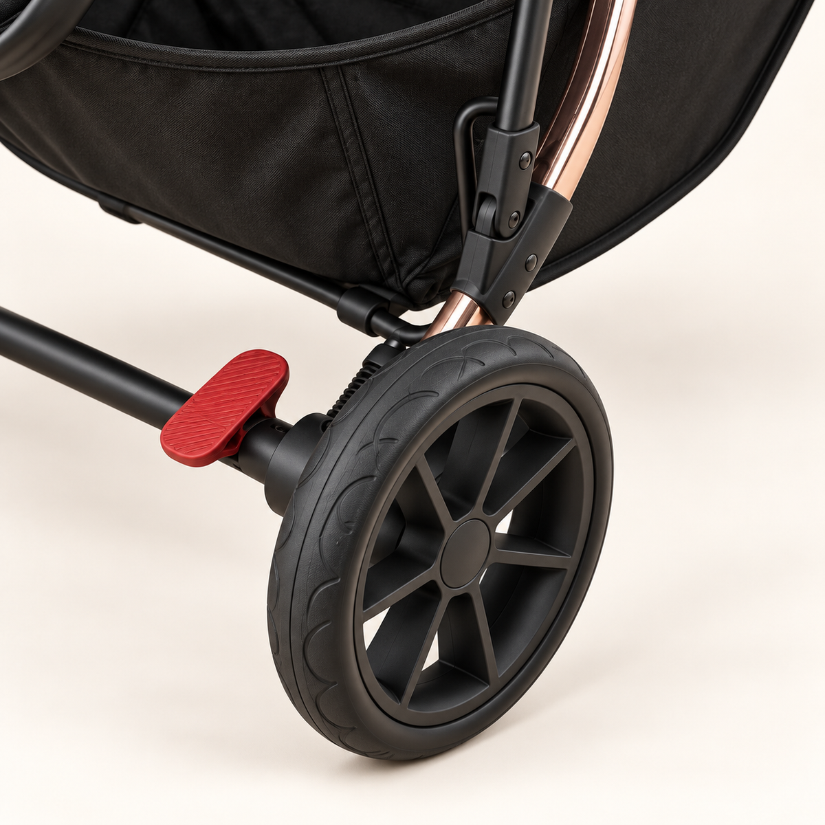 Close-up of the VEVO rear wheel, foot brake, frame and under-seat basket