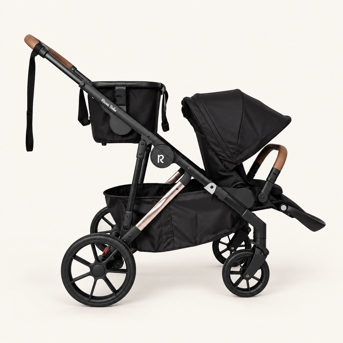 Black VEVO with world-facing lower seat and separate shopping basket above