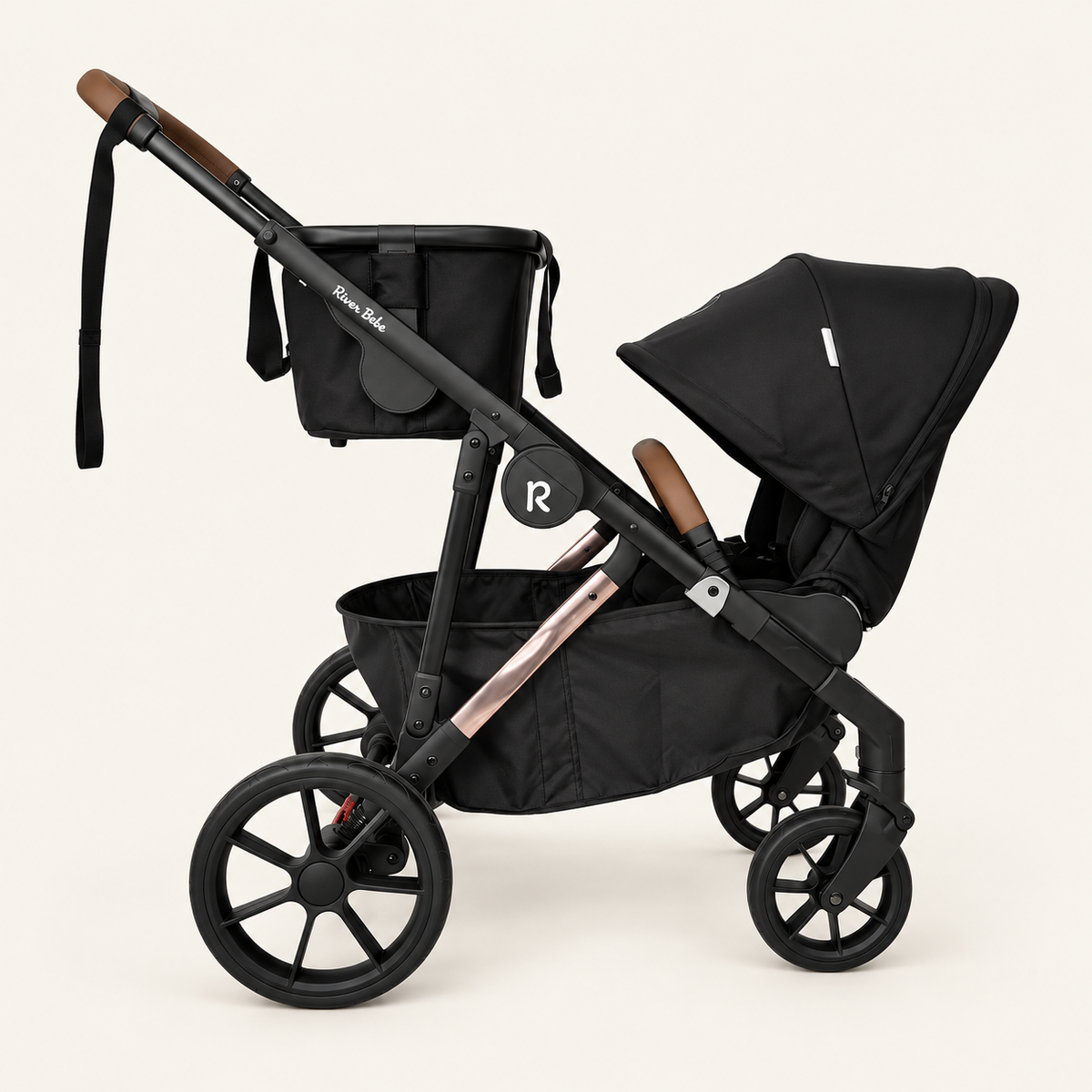 Black Rever Bebe VEVO with a lower parent-facing seat and upper shopping basket