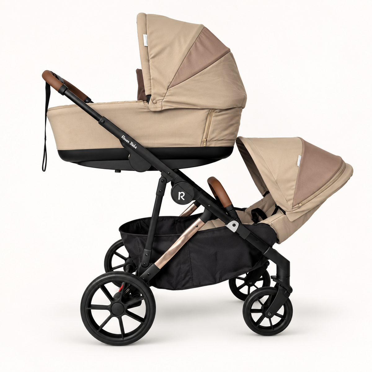 VEVO double configuration with bassinet above and parent-facing seat below — Taupe