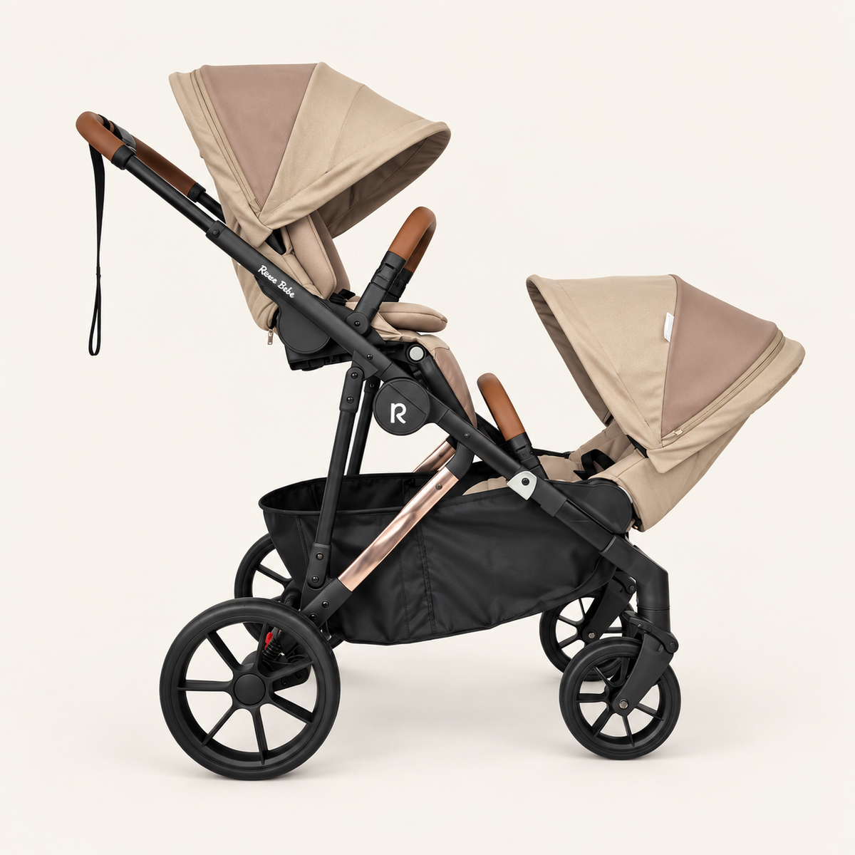 Taupe VEVO with upper world-facing seat and lower parent-facing seat facing each other