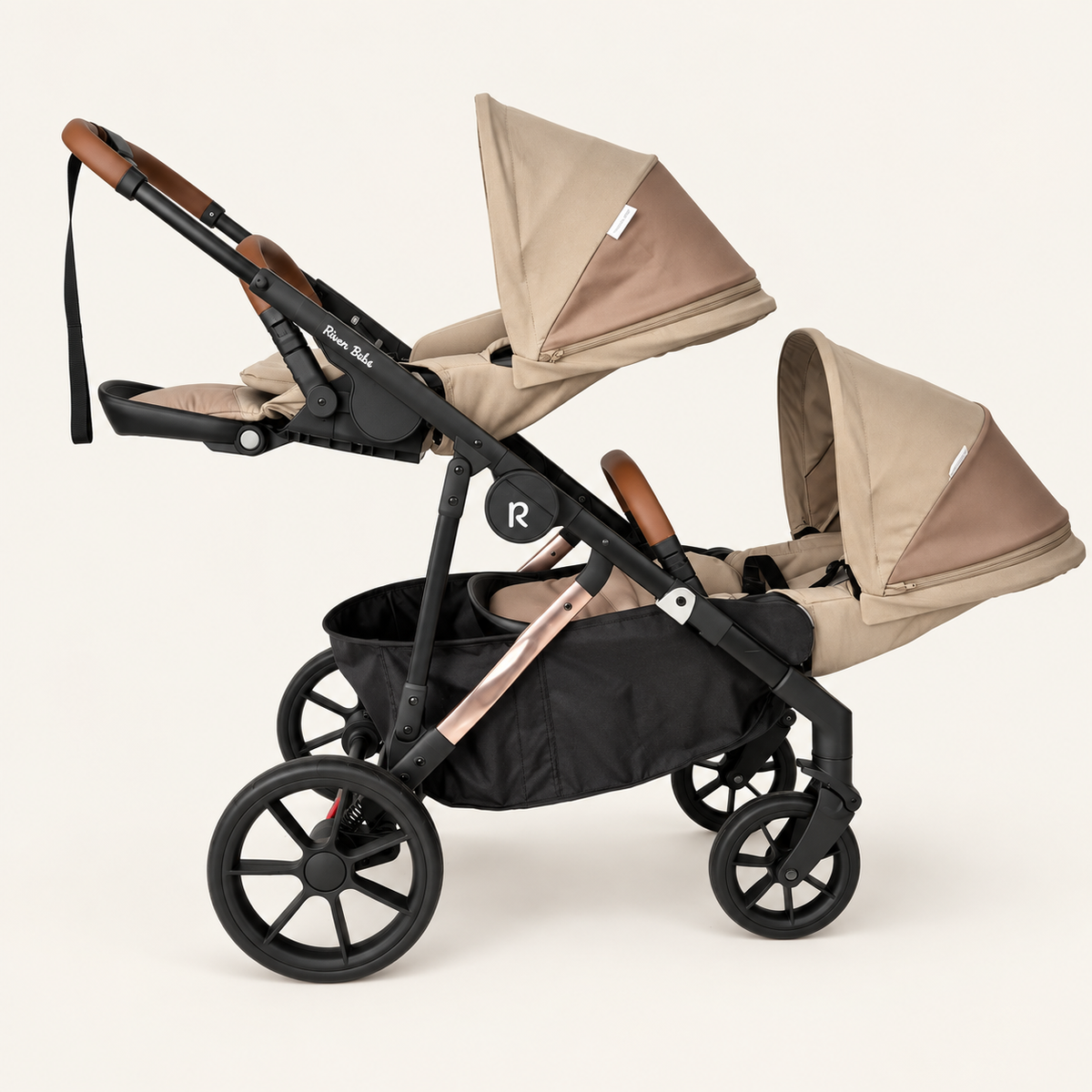 VEVO two parent-facing seats with backrests reclined and footrests raised — Taupe
