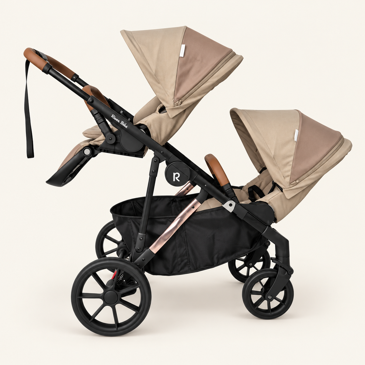 VEVO double pram with two seats both facing the parent — Taupe