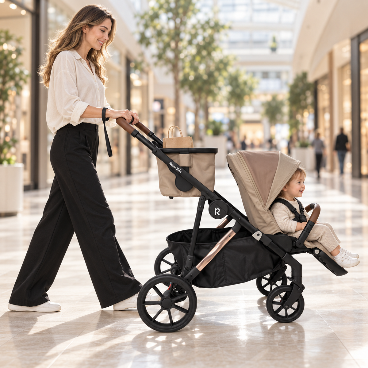 VEVO with world-facing lower seat and shopping basket on a shopping centre outing — Taupe