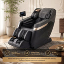 Full body massage chair in black with waist heating, airbags, and foot rollers for ultimate relaxation at home.