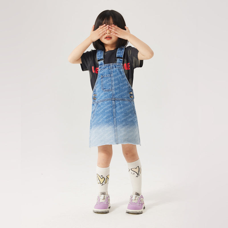 Letter Printed Denim Suspender Dress with Pockets