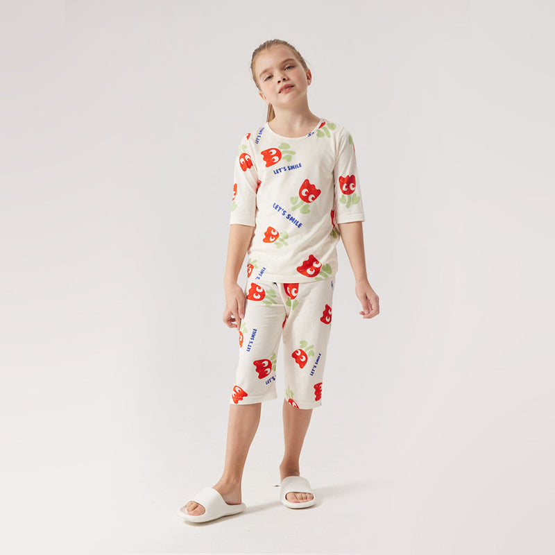 Cartoon Printed Half Cotton Pajamas Set