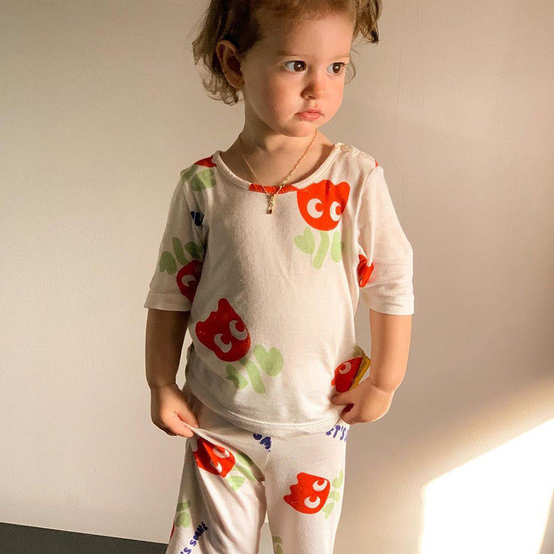 Cartoon Printed Half Cotton Pajamas Set