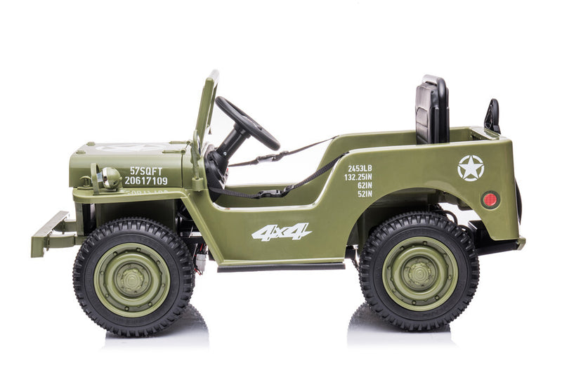 Little Riders 12V Military Jeep Electric Ride On Car For Kids - Green