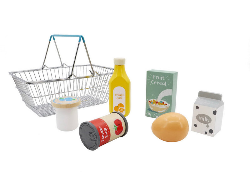 WOODEN GROCERY WITH METAL SHOPPING BASKET