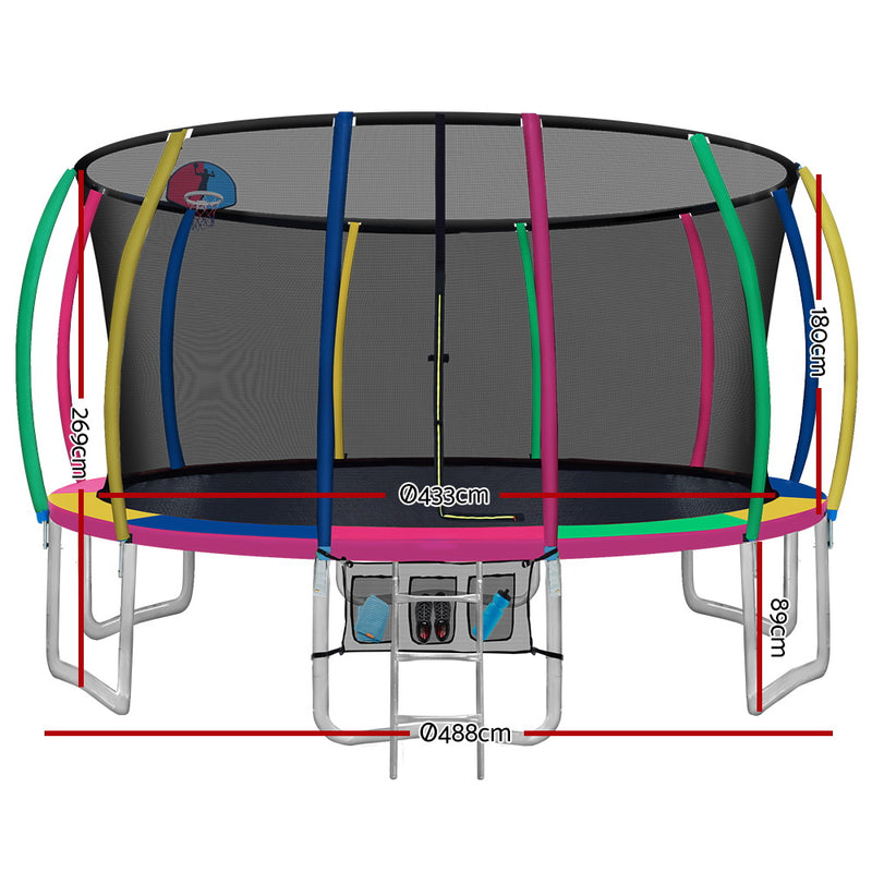 Everfit 16FT Trampoline Round Trampolines With Basketball Hoop Kids Present Gift Enclosure Safety Net Pad Outdoor Multi-coloured