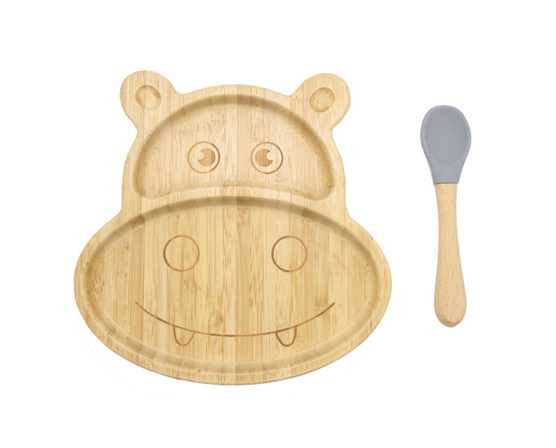 Bamboo Hippo Kids Plate with Suction Cap Base & Spoon