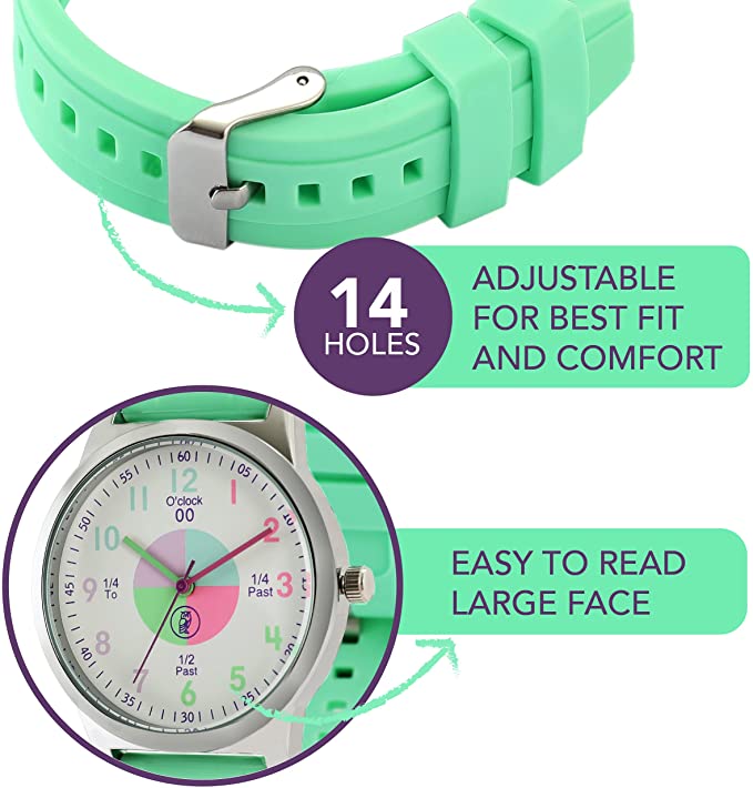 Analog Watches for Kids Telling Time Teaching Tool (Great for Boys and Girls Ages 5-15) - Light Green