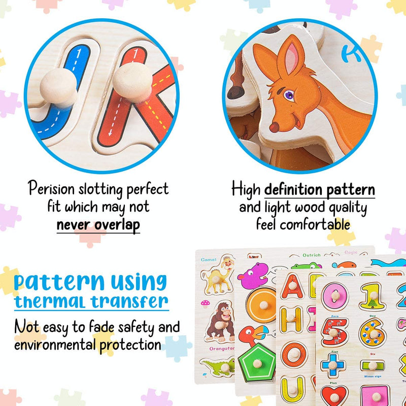 Wooden Alphabet ABC, Numbers and Farm Animals Learning Puzzles Board for Kids Preschool Educational Pegged Puzzles Activity from 3 to 4 years Old