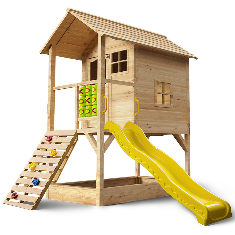 Wooden cubby store house with slide