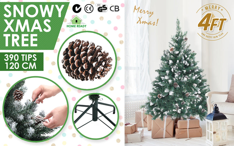 Home Ready 4Ft 120cm 390 tips Green Snowy Christmas Tree Xmas Pine Cones