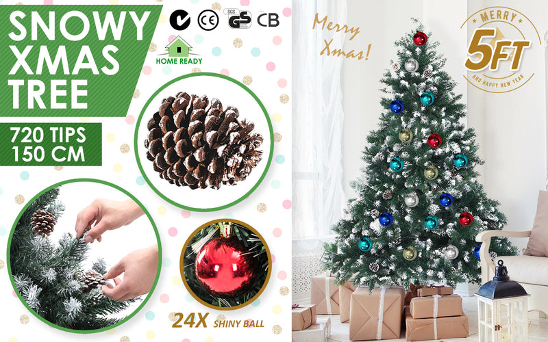 Home Ready 5Ft 150cm 720 tips Green Snowy Christmas Tree Xmas Pine Cones + Bauble Balls