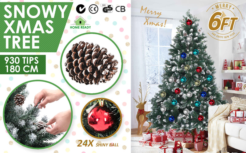 Home Ready 6Ft 180cm 930 tips Green Snowy Christmas Tree Xmas Pine Cones + Bauble Balls